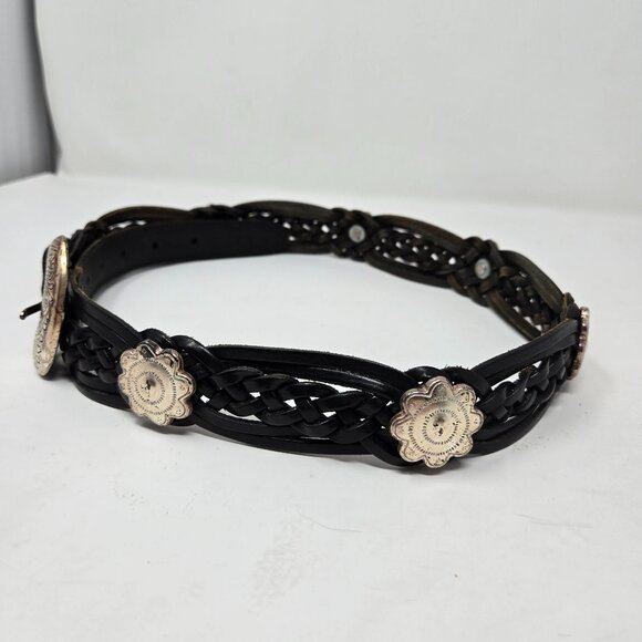 Fossil Braided Woven Black Leather Belt With Silver Accents & Western Buckle Des - Picture 3 of 6